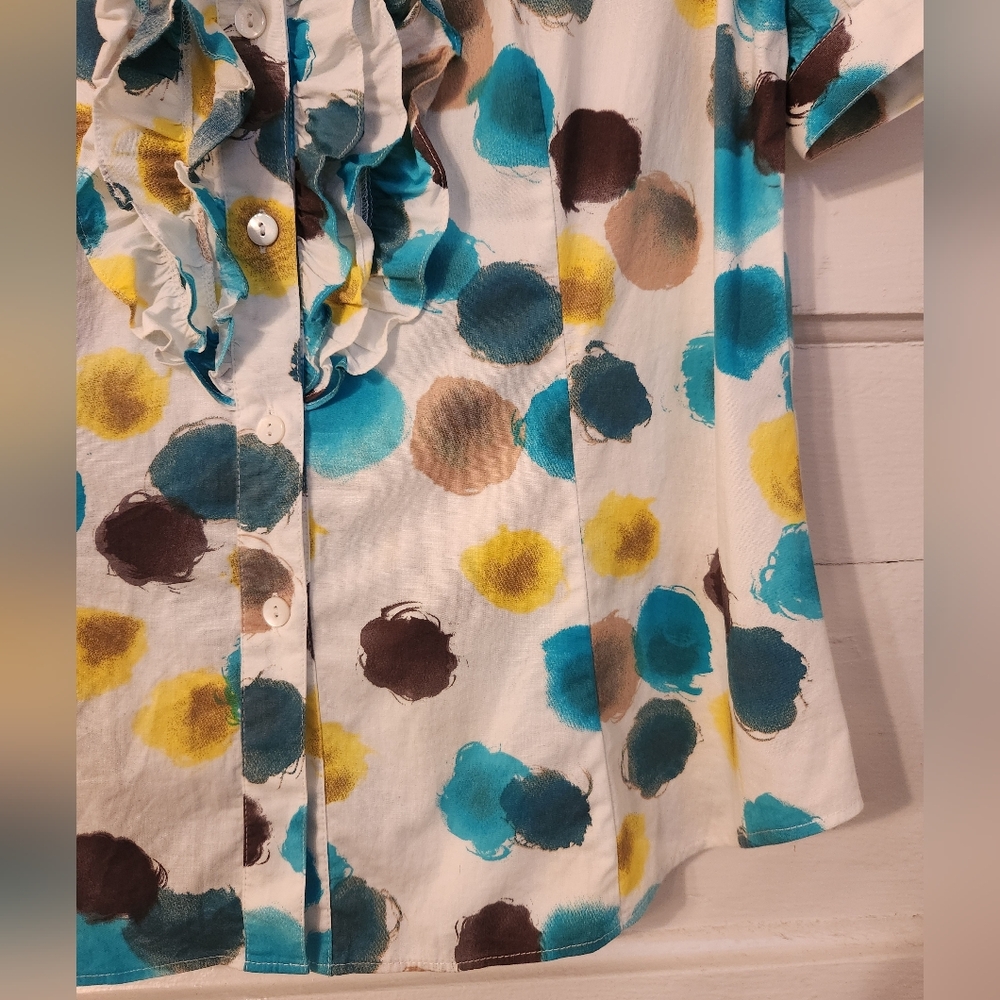 Lafayette 148 Blouse, Button Down, Ruffle Abstract Polka Dot, Cotton, Sz 4, EUC - Picture 5 of 13